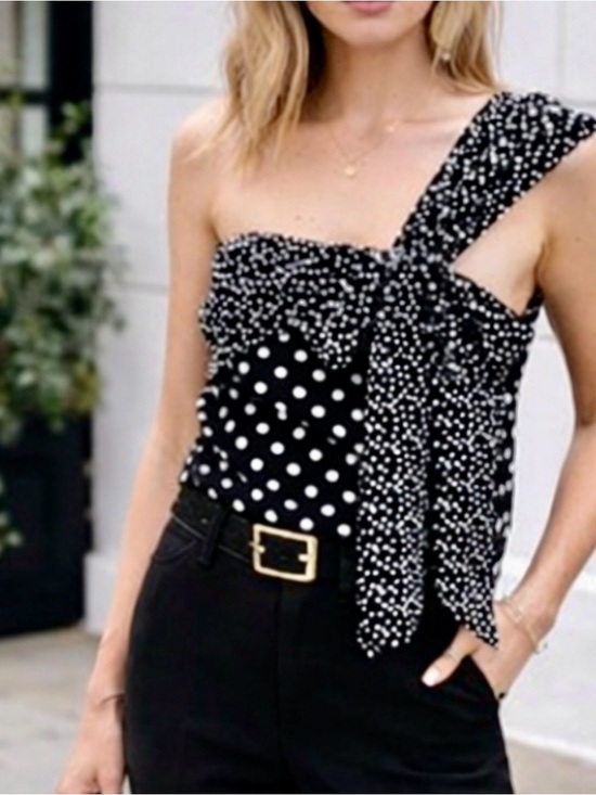 J. Crew Tops - J. Crew Black and White Polka Dot One-Shoulder silk top